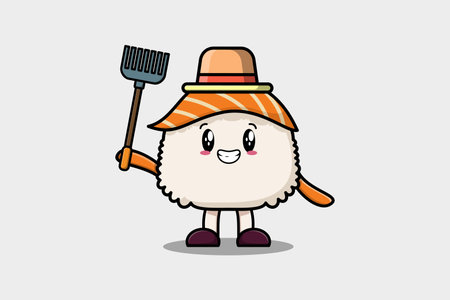 Cute cartoon Agricultural worker Sushi with pitchfork vector image cute modern style designのイラスト素材