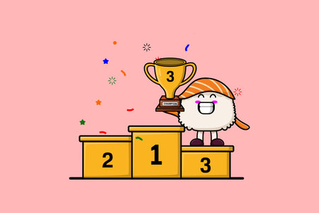 Cute cartoon Sushi character as the third winner with happy expression in modern illustrationのイラスト素材