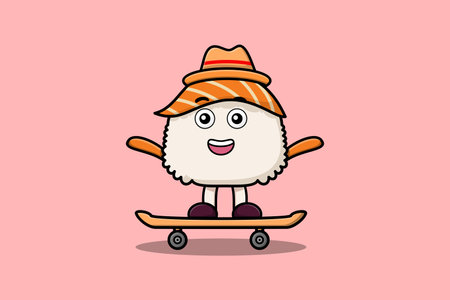 cute cartoon Sushi standing on skateboard with cartoon vector illustration styleのイラスト素材