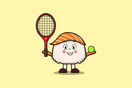 Cute cartoon Sushi character playing tennis field in flat cartoon style illustrationの素材 [FY310208231682]