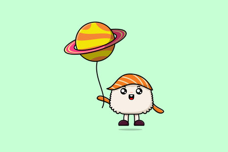 Cute cartoon Sushi floating with balloon cartoon vector illustrationのイラスト素材
