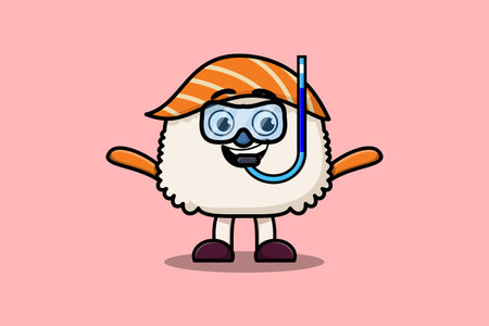 Cute cartoon Sushi diver with swimming glass in flat modern style designのイラスト素材