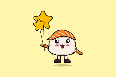Cute cartoon Sushi floating with balloon cartoon vector illustrationのイラスト素材
