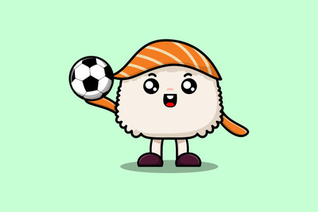 Cute cartoon Sushi character playing football in flat cartoon style illustrationのイラスト素材
