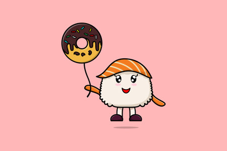 Cute cartoon Sushi floating with balloon cartoon vector illustrationのイラスト素材