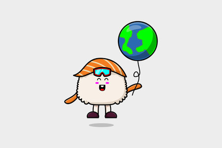 Cute cartoon Sushi floating with balloon cartoon vector illustrationのイラスト素材