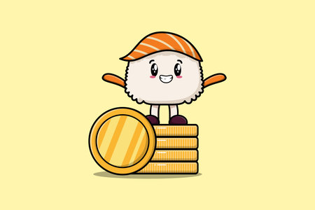 Cute cartoon Sushi character standing in stacked gold coin vector illustration flat cartoonのイラスト素材