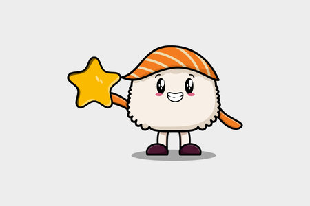 Cute cartoon Sushi character holding big golden star in cute modern style design illustrationのイラスト素材