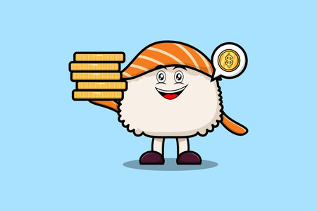 Cute cartoon Sushi character holding in stacked gold coin vector illustrationのイラスト素材