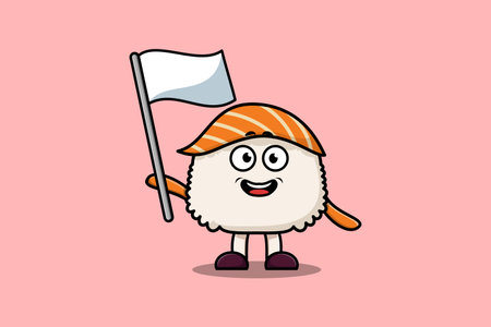 Cute cartoon Sushi mascot character with white flag in modern design illustrationのイラスト素材