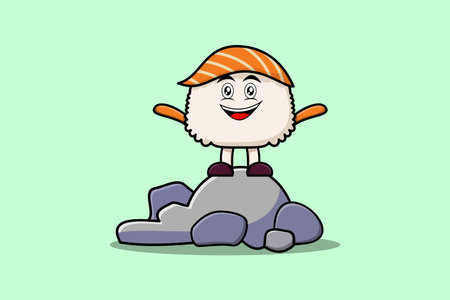 Cute cartoon Sushi character standing in stone vector illustration cartoon styleのイラスト素材
