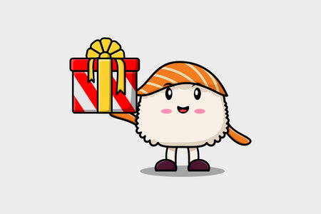 Cute cartoon Sushi character holding gift box in vector icon illustrationのイラスト素材