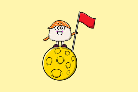 Cute cartoon Sushi character standing on the moon with flag in 3d modern design illustrationのイラスト素材
