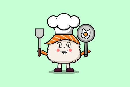 Cute cartoon Sushi chef character holding pan and spatula in flat cartoon style illustrationのイラスト素材