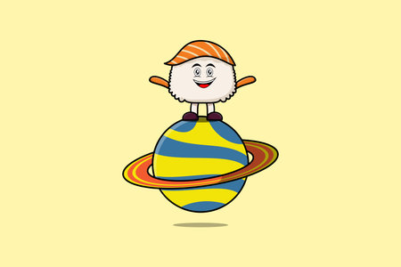 Cute cartoon Sushi character standing in planet vector icon illustrationのイラスト素材