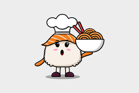 Cute cartoon Sushi chef character holding noodles in bowl flat cartoon style illustrationのイラスト素材