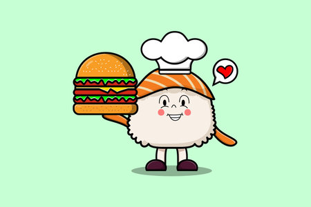 Cute cartoon Sushi chef character holding burger in flat cartoon style illustrationのイラスト素材