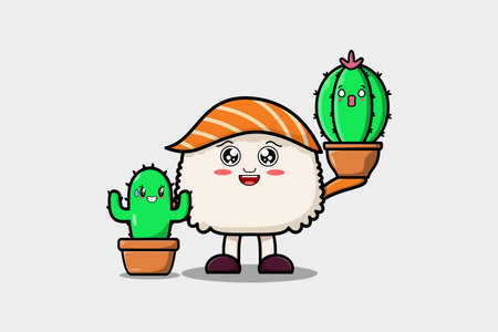 Cute cartoon Sushi character holding cactus plant in pot vector icon illustrationのイラスト素材