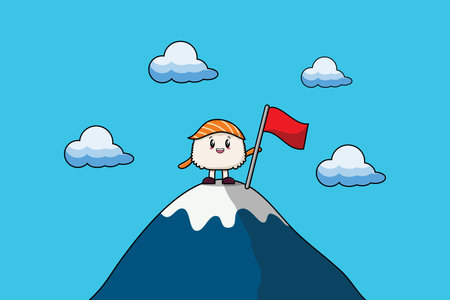 Illustration of cute character Sushi climbs top mountain in flat modern designのイラスト素材