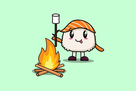 Cute cartoon sushi character is burning marshmallowのイラスト素材