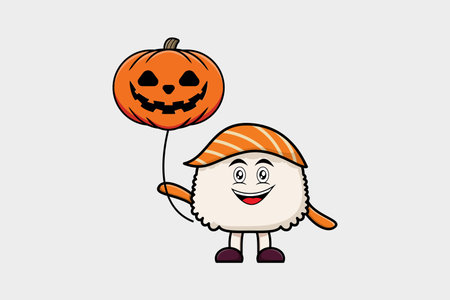 Cute cartoon Sushi floating with pumpkin halloween balloon in flat cartoon icon illustrationのイラスト素材