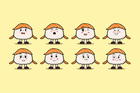 Set kawaii Sushi cartoon character with different expressions cartoon face vector illustrationsのイラスト素材