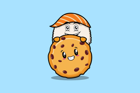 Cute Sushi cartoon character hiding in biscuits illustration in flat modern designのイラスト素材