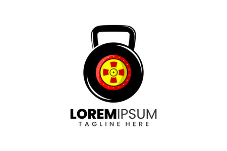 Flat modern simple gym barbell shield logo template icon symbol vector design illustrationのイラスト素材