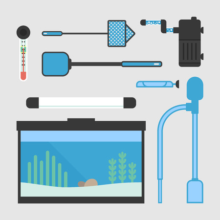 Set of flat style cleaning tools and equipment for aquarium maintenance. Vector illustration of aquarium supplies for pet shop.のイラスト素材