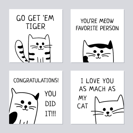 Set of 4 backgrounds with hand drawn cartoon black and white cats or kittens. Cards in vector format.のイラスト素材