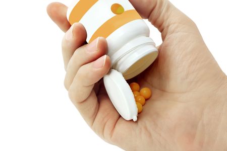 box with pills  of  medicine on the palmの写真素材