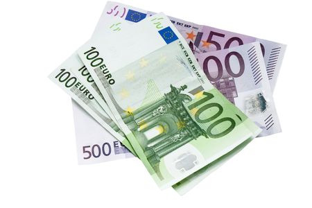 hundred and five hundred Euro banknotes isolated on white backgroundの写真素材