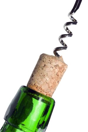 cork with corkscrew in a bottle neck isolated on a white backgroundの写真素材
