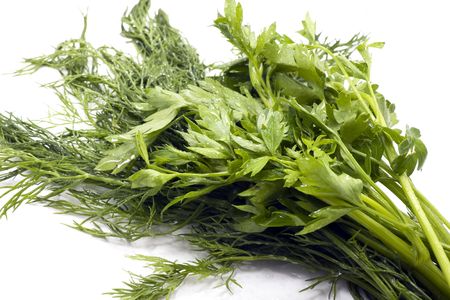 tuft of fennel and parsley isolated on a white background    の写真素材