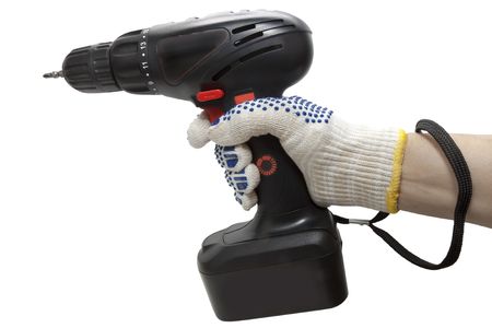screwdriver in hand with the glove isolated on white backgroundの写真素材