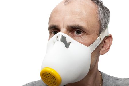 man in white dust mask respirator isolated on white backgroundの写真素材