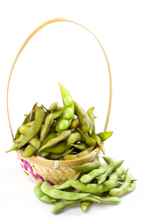 boiled green soy beans, vietnamese beans on white backgroundの写真素材