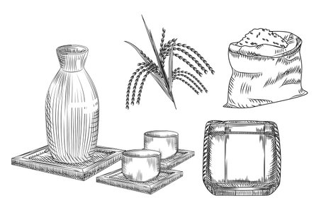Set of sake. Traditional Japanese rice alcohol drink. Collection of ceramic vase and cup, stalk and rice bag, barrel of sake. Elements for restaurant menu design.Engraving style. Vector illustration.のイラスト素材