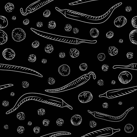Chilli pepper and black pepper seamless pattern on blackboard. Engraving vintage style. Vector illustration.のイラスト素材