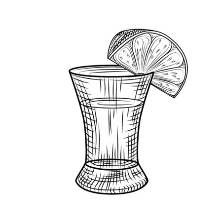 Tequila shot and slice lime isolated on white background. Full shot glass of alcohol. Vintage engraved style. Vector illustrationのイラスト素材