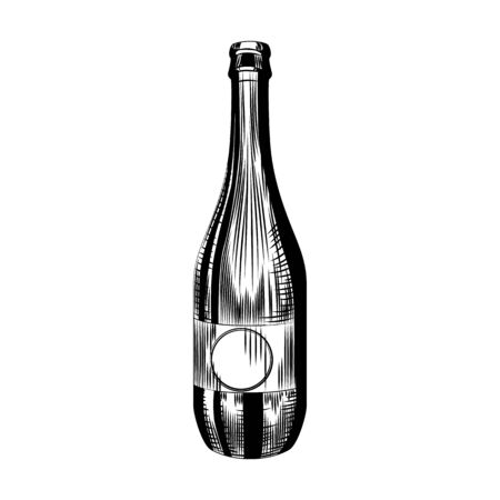 Hand drawn cider bottle isolated on white background. Craft beer bottle template. Vintage engraved style. Vector illustrationのイラスト素材