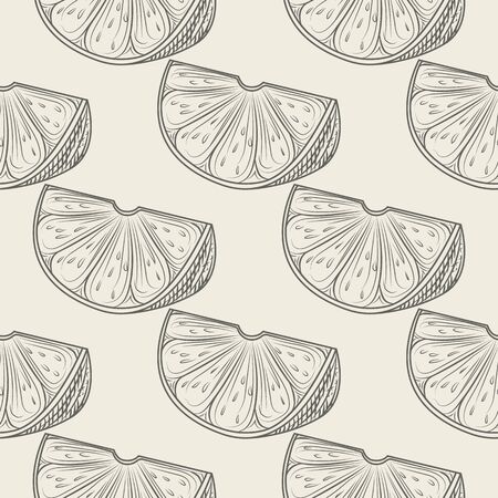 Hand drawn lime slice seamless pattern. Lemon citrus fruit wallpaper. Engraving vintage style backdrop. Design for wrapping paper, textile print. Vector illustrationのイラスト素材