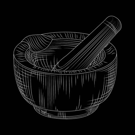 Hand drawn mortar and pestle on blackboard. Grinding spices and solid food ingredients. Engraved style. Vector illustrationのイラスト素材