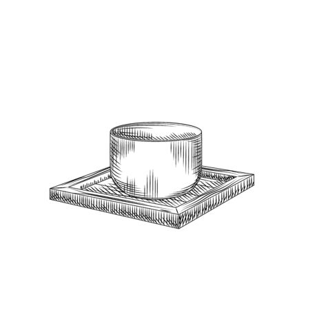 Japanese sake cup isolated on white background. Traditional asian rice alcohol drink glass on wooden stand. Engraving vintage style. Vector illustration.のイラスト素材