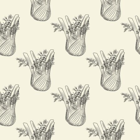 Fennel ink sketch seamless pattern. Monochrome food ingredient wallpaper. Natural organic fresh food backdrop. Vintage hand drawn engraved style. Vector illustrationのイラスト素材