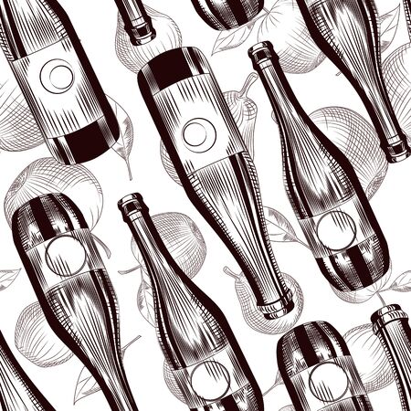 Fruit beer bottles seamless pattern. Cider alcohol wallpaper. Restaurant and bar menu concept. Vintage engraved style. Monochrome vector illustration.のイラスト素材