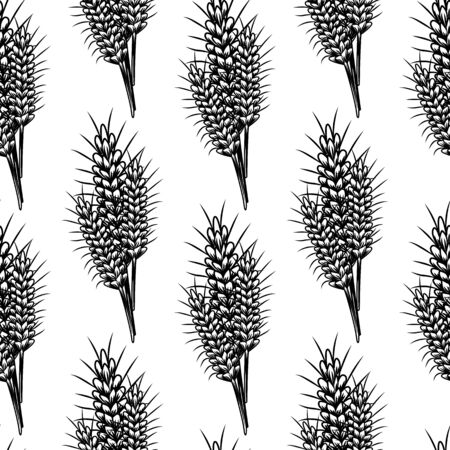 Vintage sketch with wheat seamless pattern on white background. Wheat, rice, oat, barley vector illustration. Agriculture harvest. Engraved style.のイラスト素材