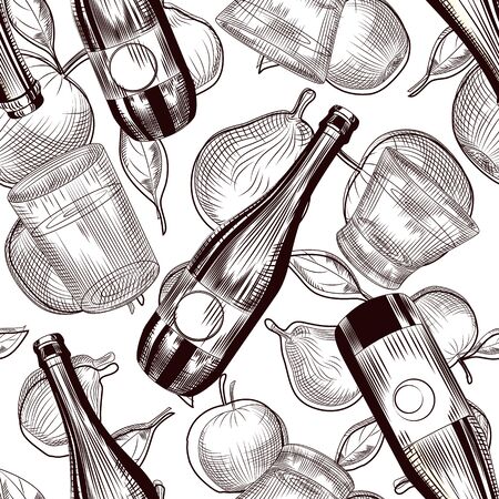 Cider bottles seamless pattern. Fruit alcohol wallpaper. Restaurant and bar menu concept. Vintage engraved style. Monochrome vector illustration.のイラスト素材