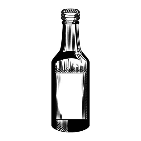 Soju bottle isolated on white background. Glass vodka bottle in vintage engraved style. Vector illustrationのイラスト素材
