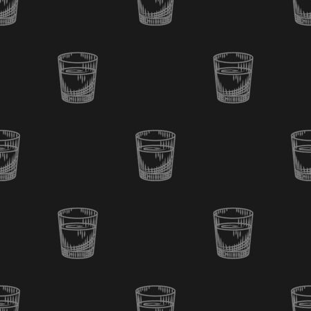 Vodka shot seamless pattern on black background. Full shot glass of alcohol wallpaper. Transparent drink glass backdrop. Bar menu design. Vintage engraved style. Vector illustrationのイラスト素材
